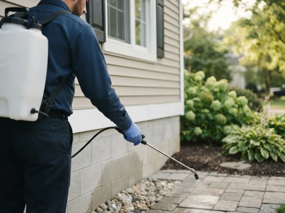 Pest control technician inspecting a home in Nebo, IL